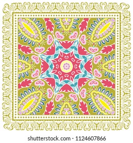 Decorative colorful ornament on white background, symmetric pattern with doodle lace frame. Tribal ethnic mandala decor. Bandana shawl, tablecloth fabric print, silk neck scarf, kerchief design