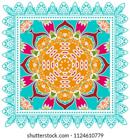 Decorative colorful ornament on white background, symmetric pattern with doodle lace frame. Tribal ethnic mandala decor. Bandana shawl, tablecloth fabric print, silk neck scarf, kerchief design