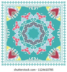 Decorative colorful ornament on white background, symmetric pattern with doodle lace frame. Tribal ethnic mandala decor. Bandana shawl, tablecloth fabric print, silk neck scarf, kerchief design