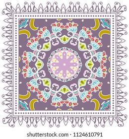 Decorative colorful ornament on white background, symmetric pattern with doodle lace frame. Tribal ethnic mandala decor. Bandana shawl, tablecloth fabric print, silk neck scarf, kerchief design