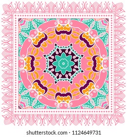 Decorative colorful ornament on white background, symmetric pattern with doodle lace frame. Tribal ethnic mandala decor. Bandana shawl, tablecloth fabric print, silk neck scarf, kerchief design