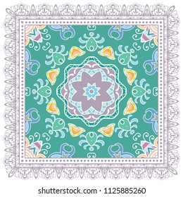 Decorative colorful ornament on white background, symmetric pattern with doodle lace frame. Tribal ethnic mandala decor. Bandana shawl, tablecloth fabric print, silk neck scarf, kerchief design