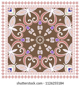 Decorative colorful ornament on white background, symmetric pattern with doodle lace frame. Tribal ethnic mandala decor. Bandana shawl, tablecloth fabric print, silk neck scarf, kerchief design