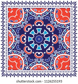 Decorative colorful ornament on white background, symmetric pattern with doodle lace frame. Tribal ethnic mandala decor. Bandana shawl, tablecloth fabric print, silk neck scarf, kerchief design