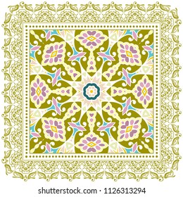 Decorative colorful ornament on white background, symmetric pattern with doodle lace frame. Tribal ethnic mandala decor. Bandana shawl, tablecloth fabric print, silk neck scarf, kerchief design