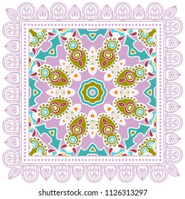 Decorative colorful ornament on white background, symmetric pattern with doodle lace frame. Tribal ethnic mandala decor. Bandana shawl, tablecloth fabric print, silk neck scarf, kerchief design