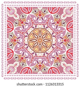 Decorative colorful ornament on white background, symmetric pattern with doodle lace frame. Tribal ethnic mandala decor. Bandana shawl, tablecloth fabric print, silk neck scarf, kerchief design