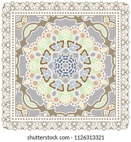 Decorative colorful ornament on white background, symmetric pattern with doodle lace frame. Tribal ethnic mandala decor. Bandana shawl, tablecloth fabric print, silk neck scarf, kerchief design