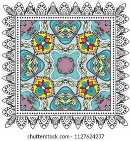 Decorative colorful ornament on white background, symmetric pattern with doodle lace frame. Tribal ethnic mandala decor. Bandana shawl, tablecloth fabric print, silk neck scarf, kerchief design