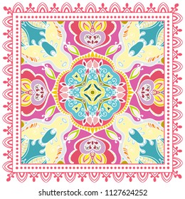 Decorative colorful ornament on white background, symmetric pattern with doodle lace frame. Tribal ethnic mandala decor. Bandana shawl, tablecloth fabric print, silk neck scarf, kerchief design