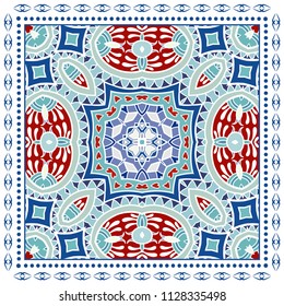 Decorative colorful ornament on white background, geometric doodle pattern with frame. Tribal ethnic mandala decor. Bandana shawl, tablecloth fabric print, silk neck scarf, kerchief design