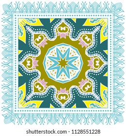 Decorative colorful ornament on white background, symmetric pattern with doodle lace frame. Tribal ethnic mandala decor. Bandana shawl, tablecloth fabric print, silk neck scarf, kerchief design