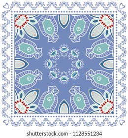 Decorative colorful ornament on white background, symmetric pattern with doodle lace frame. Tribal ethnic mandala decor. Bandana shawl, tablecloth fabric print, silk neck scarf, kerchief design