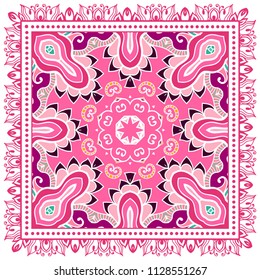 Decorative colorful ornament on white background, symmetric pattern with doodle lace frame. Tribal ethnic mandala decor. Bandana shawl, tablecloth fabric print, silk neck scarf, kerchief design