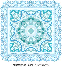Decorative colorful ornament on white background, symmetric pattern with doodle lace frame. Tribal ethnic mandala decor. Bandana shawl, tablecloth fabric print, silk neck scarf, kerchief design