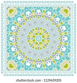 Decorative colorful ornament on white background, symmetric pattern with doodle lace frame. Tribal ethnic mandala decor. Bandana shawl, tablecloth fabric print, silk neck scarf, kerchief design