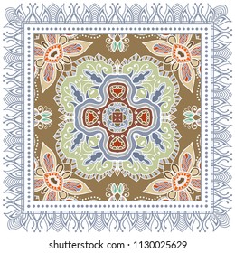 Decorative colorful ornament on white background, symmetric pattern with doodle lace frame. Tribal ethnic mandala decor. Bandana shawl, tablecloth fabric print, silk neck scarf, kerchief design