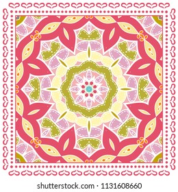 Decorative colorful ornament on white background, symmetric pattern with doodle lace frame. Tribal ethnic mandala decor. Bandana shawl, tablecloth fabric print, silk neck scarf, kerchief design