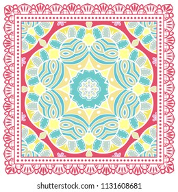 Decorative colorful ornament on white background, symmetric pattern with doodle lace frame. Tribal ethnic mandala decor. Bandana shawl, tablecloth fabric print, silk neck scarf, kerchief design