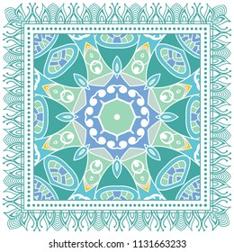 Decorative colorful ornament on white background, symmetric pattern with doodle lace frame. Tribal ethnic mandala decor. Bandana shawl, tablecloth fabric print, silk neck scarf, kerchief design