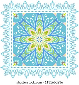 Decorative colorful ornament on white background, symmetric pattern with doodle lace frame. Tribal ethnic mandala decor. Bandana shawl, tablecloth fabric print, silk neck scarf, kerchief design