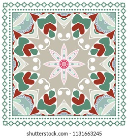 Decorative colorful ornament on white background, symmetric pattern with doodle lace frame. Tribal ethnic mandala decor. Bandana shawl, tablecloth fabric print, silk neck scarf, kerchief design