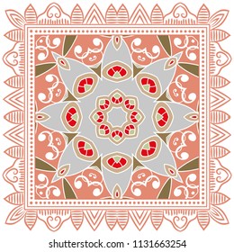 Decorative colorful ornament on white background, symmetric pattern with doodle lace frame. Tribal ethnic mandala decor. Bandana shawl, tablecloth fabric print, silk neck scarf, kerchief design