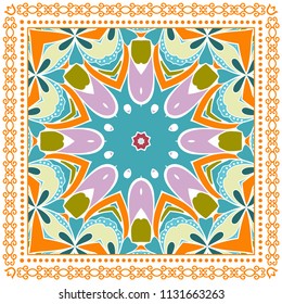 Decorative colorful ornament on white background, symmetric pattern with doodle lace frame. Tribal ethnic mandala decor. Bandana shawl, tablecloth fabric print, silk neck scarf, kerchief design