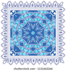 Decorative colorful ornament on white background, symmetric pattern with doodle lace frame. Tribal ethnic mandala decor. Bandana shawl, tablecloth fabric print, silk neck scarf, kerchief design