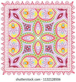Decorative colorful ornament on white background, symmetric pattern with doodle lace frame. Tribal ethnic mandala decor. Bandana shawl, tablecloth fabric print, silk neck scarf, kerchief design