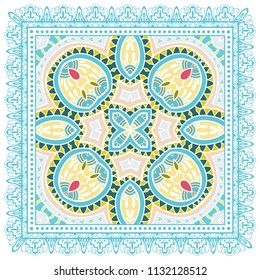 Decorative colorful ornament on white background, symmetric pattern with doodle lace frame. Tribal ethnic mandala decor. Bandana shawl, tablecloth fabric print, silk neck scarf, kerchief design