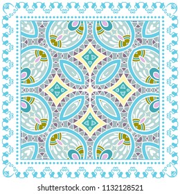 Decorative colorful ornament on white background, symmetric pattern with doodle lace frame. Tribal ethnic mandala decor. Bandana shawl, tablecloth fabric print, silk neck scarf, kerchief design