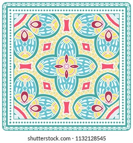 Decorative colorful ornament on white background, symmetric pattern with doodle lace frame. Tribal ethnic mandala decor. Bandana shawl, tablecloth fabric print, silk neck scarf, kerchief design