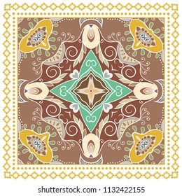 Decorative colorful ornament on white background, symmetric pattern with doodle lace frame. Tribal ethnic mandala decor. Bandana shawl, tablecloth fabric print, silk neck scarf, kerchief design