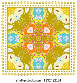 Decorative colorful ornament on white background, symmetric pattern with doodle lace frame. Tribal ethnic mandala decor. Bandana shawl, tablecloth fabric print, silk neck scarf, kerchief design
