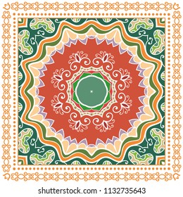 Decorative colorful ornament on white background, symmetric pattern with doodle lace frame. Tribal ethnic mandala decor. Bandana shawl, tablecloth fabric print, silk neck scarf, kerchief design