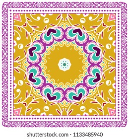 Decorative colorful ornament on white background, symmetric pattern with doodle lace frame. Tribal ethnic mandala decor. Bandana shawl, tablecloth fabric print, silk neck scarf, kerchief design