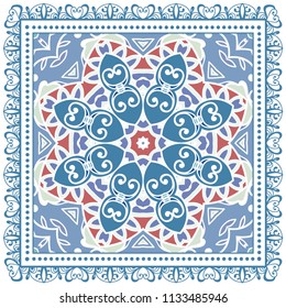 Decorative colorful ornament on white background, symmetric pattern with doodle lace frame. Tribal ethnic mandala decor. Bandana shawl, tablecloth fabric print, silk neck scarf, kerchief design