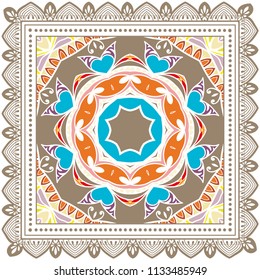 Decorative colorful ornament on white background, symmetric pattern with doodle lace frame. Tribal ethnic mandala decor. Bandana shawl, tablecloth fabric print, silk neck scarf, kerchief design