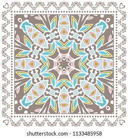 Decorative colorful ornament on white background, symmetric pattern with doodle lace frame. Tribal ethnic mandala decor. Bandana shawl, tablecloth fabric print, silk neck scarf, kerchief design