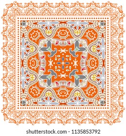 Decorative colorful ornament on white background, symmetric pattern with doodle lace frame. Tribal ethnic mandala decor. Bandana shawl, tablecloth fabric print, silk neck scarf, kerchief design