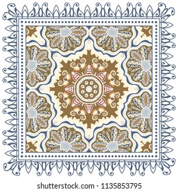 Decorative colorful ornament on white background, symmetric pattern with doodle lace frame. Tribal ethnic mandala decor. Bandana shawl, tablecloth fabric print, silk neck scarf, kerchief design