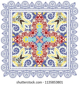 Decorative colorful ornament on white background, symmetric pattern with doodle lace frame. Tribal ethnic mandala decor. Bandana shawl, tablecloth fabric print, silk neck scarf, kerchief design