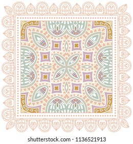 Decorative colorful ornament on white background, symmetric pattern with doodle lace frame. Tribal ethnic mandala decor. Bandana shawl, tablecloth fabric print, silk neck scarf, kerchief design