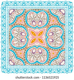 Decorative colorful ornament on white background, symmetric pattern with doodle lace frame. Tribal ethnic mandala decor. Bandana shawl, tablecloth fabric print, silk neck scarf, kerchief design