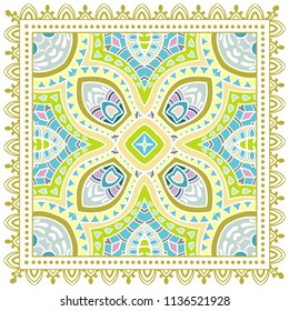 Decorative colorful ornament on white background, symmetric pattern with doodle lace frame. Tribal ethnic mandala decor. Bandana shawl, tablecloth fabric print, silk neck scarf, kerchief design