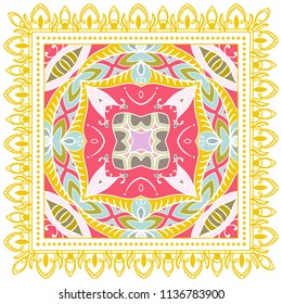 Decorative colorful ornament on white background, symmetric pattern with doodle lace frame. Tribal ethnic mandala decor. Bandana shawl, tablecloth fabric print, silk neck scarf, kerchief design