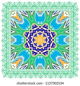 Decorative colorful ornament on white background, symmetric pattern with doodle lace frame. Tribal ethnic mandala decor. Bandana shawl, tablecloth fabric print, silk neck scarf, kerchief design