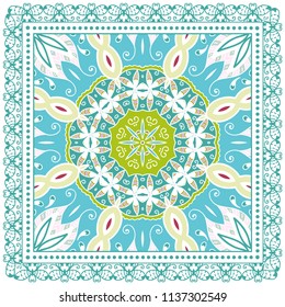 Decorative colorful ornament on white background, symmetric pattern with doodle lace frame. Tribal ethnic mandala decor. Bandana shawl, tablecloth fabric print, silk neck scarf, kerchief design