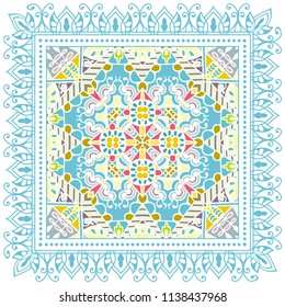 Decorative colorful ornament on white background, symmetric pattern with doodle lace frame. Tribal ethnic mandala decor. Bandana shawl, tablecloth fabric print, silk neck scarf, kerchief design